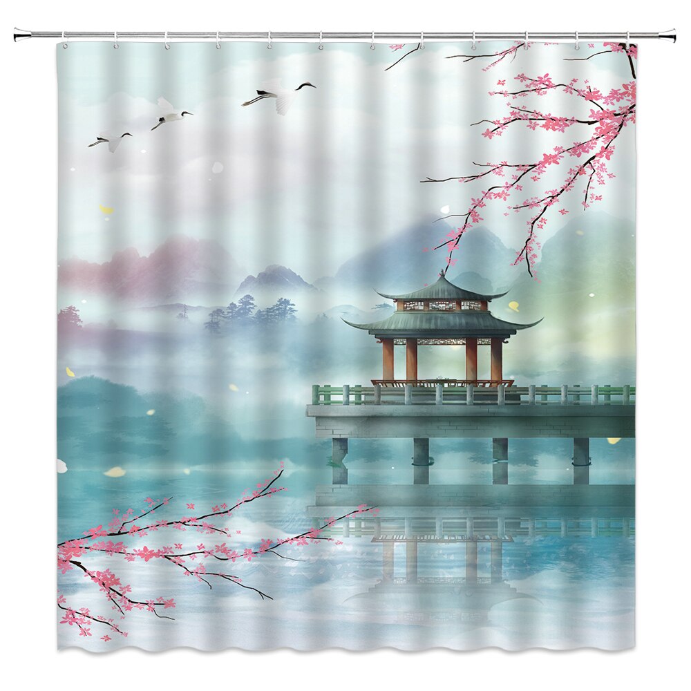 Chinese Landscape and Floral Art Shower Curtains