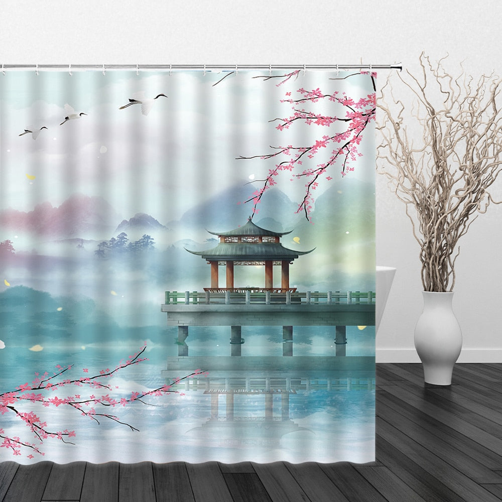 Chinese Landscape and Floral Art Shower Curtains